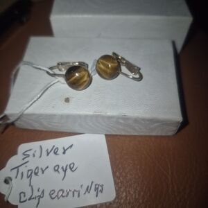 Vintage Silver Tiger Eye Clip Earrings